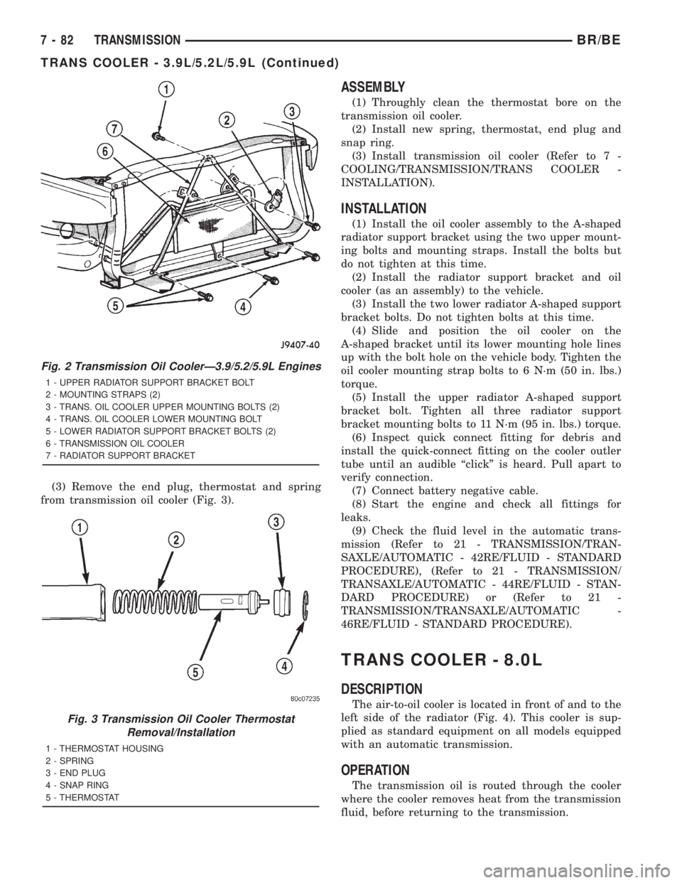 DODGE RAM 2001 Service Repair Manual (3) Remove the end plug, thermostat and spring
from transmission oil cooler (Fig. 3).
ASSEMBLY
(1) Throughly clean the thermostat bore on the
transmission oil cooler.
(2) Install new spring, thermosta DODGE RAM 2001 Service Repair Manual (3) Remove the end plug, thermostat and spring
from transmission oil cooler (Fig. 3).
ASSEMBLY
(1) Throughly clean the thermostat bore on the
transmission oil cooler.
(2) Install new spring, thermosta
