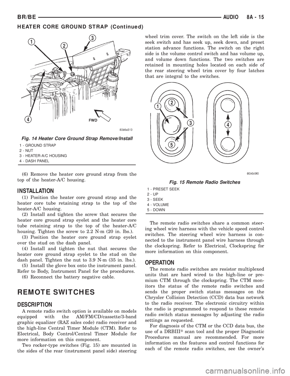 DODGE RAM 2001 Service Repair Manual (6) Remove the heater core ground strap from the
top of the heater-A/C housing.
INSTALLATION
(1) Position the heater core ground strap and the
heater core tube retaining strap to the top of the
heater DODGE RAM 2001 Service Repair Manual (6) Remove the heater core ground strap from the
top of the heater-A/C housing.
INSTALLATION
(1) Position the heater core ground strap and the
heater core tube retaining strap to the top of the
heater