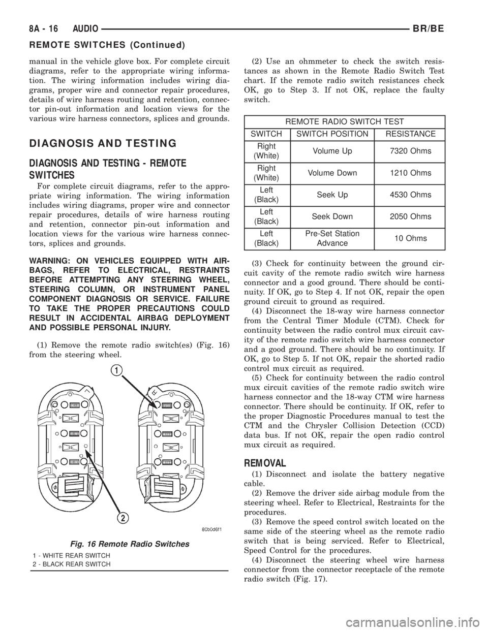 DODGE RAM 2001 Service Repair Manual manual in the vehicle glove box. For complete circuit
diagrams, refer to the appropriate wiring informa-
tion. The wiring information includes wiring dia-
grams, proper wire and connector repair proce DODGE RAM 2001 Service Repair Manual manual in the vehicle glove box. For complete circuit
diagrams, refer to the appropriate wiring informa-
tion. The wiring information includes wiring dia-
grams, proper wire and connector repair proce