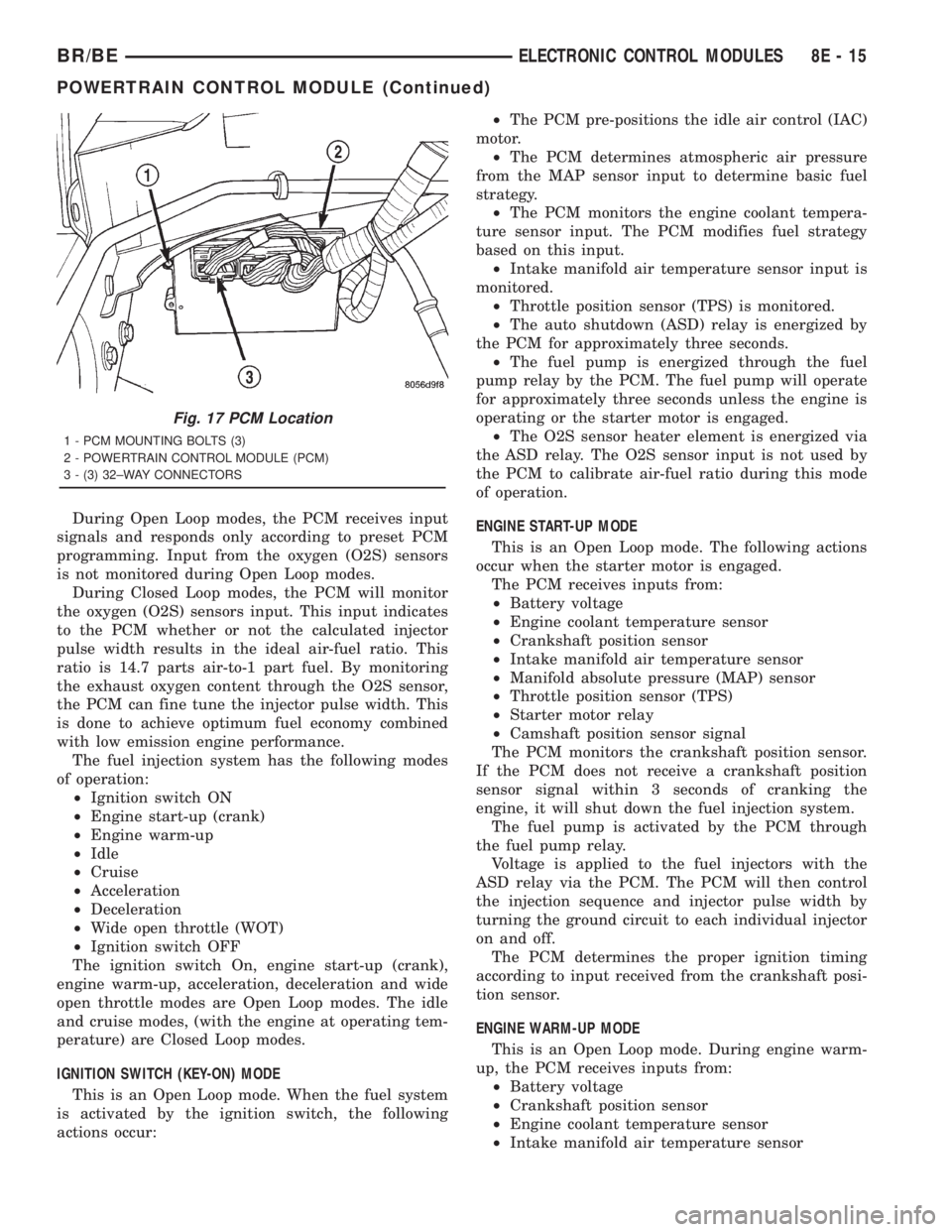 DODGE RAM 2001 Service Repair Manual During Open Loop modes, the PCM receives input
signals and responds only according to preset PCM
programming. Input from the oxygen (O2S) sensors
is not monitored during Open Loop modes.
During Closed DODGE RAM 2001 Service Repair Manual During Open Loop modes, the PCM receives input
signals and responds only according to preset PCM
programming. Input from the oxygen (O2S) sensors
is not monitored during Open Loop modes.
During Closed