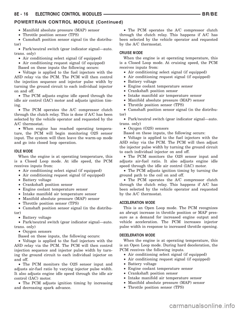 DODGE RAM 2001 Service Repair Manual ²Manifold absolute pressure (MAP) sensor
²Throttle position sensor (TPS)
²Camshaft position sensor signal (in the distribu-
tor)
²Park/neutral switch (gear indicator signalÐauto.
trans. only)
²A DODGE RAM 2001 Service Repair Manual ²Manifold absolute pressure (MAP) sensor
²Throttle position sensor (TPS)
²Camshaft position sensor signal (in the distribu-
tor)
²Park/neutral switch (gear indicator signalÐauto.
trans. only)
²A