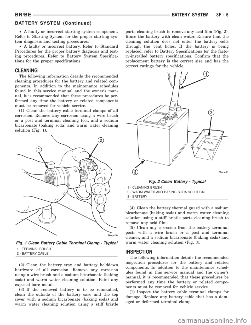 DODGE RAM 2001  Service Repair Manual ²A faulty or incorrect starting system component.
Refer to Starting System for the proper starting sys-
tem diagnosis and testing procedures.
²A faulty or incorrect battery. Refer to Standard
Proced
