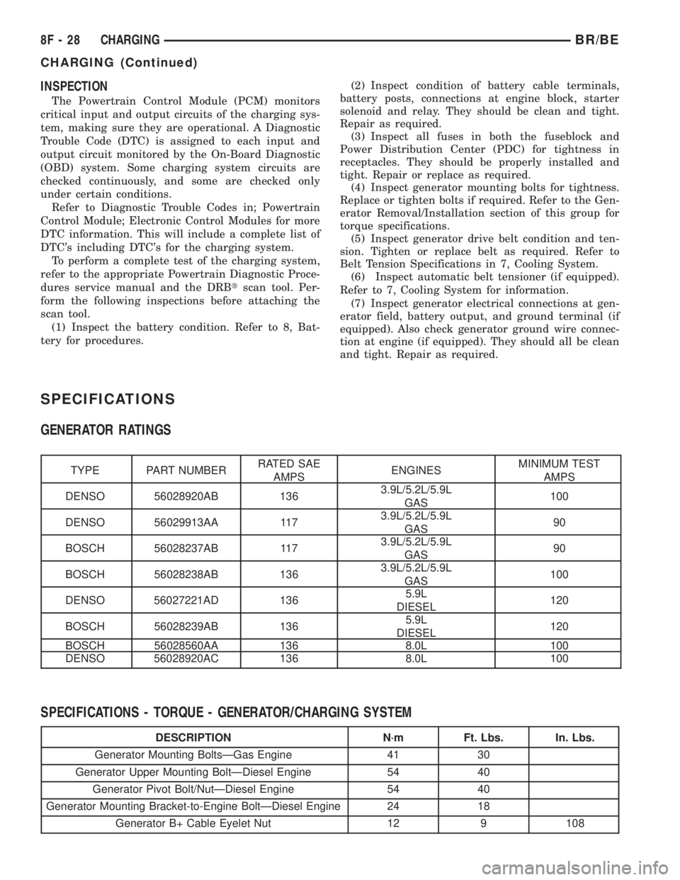 DODGE RAM 2001  Service Repair Manual INSPECTION
The Powertrain Control Module (PCM) monitors
critical input and output circuits of the charging sys-
tem, making sure they are operational. A Diagnostic
Trouble Code (DTC) is assigned to ea