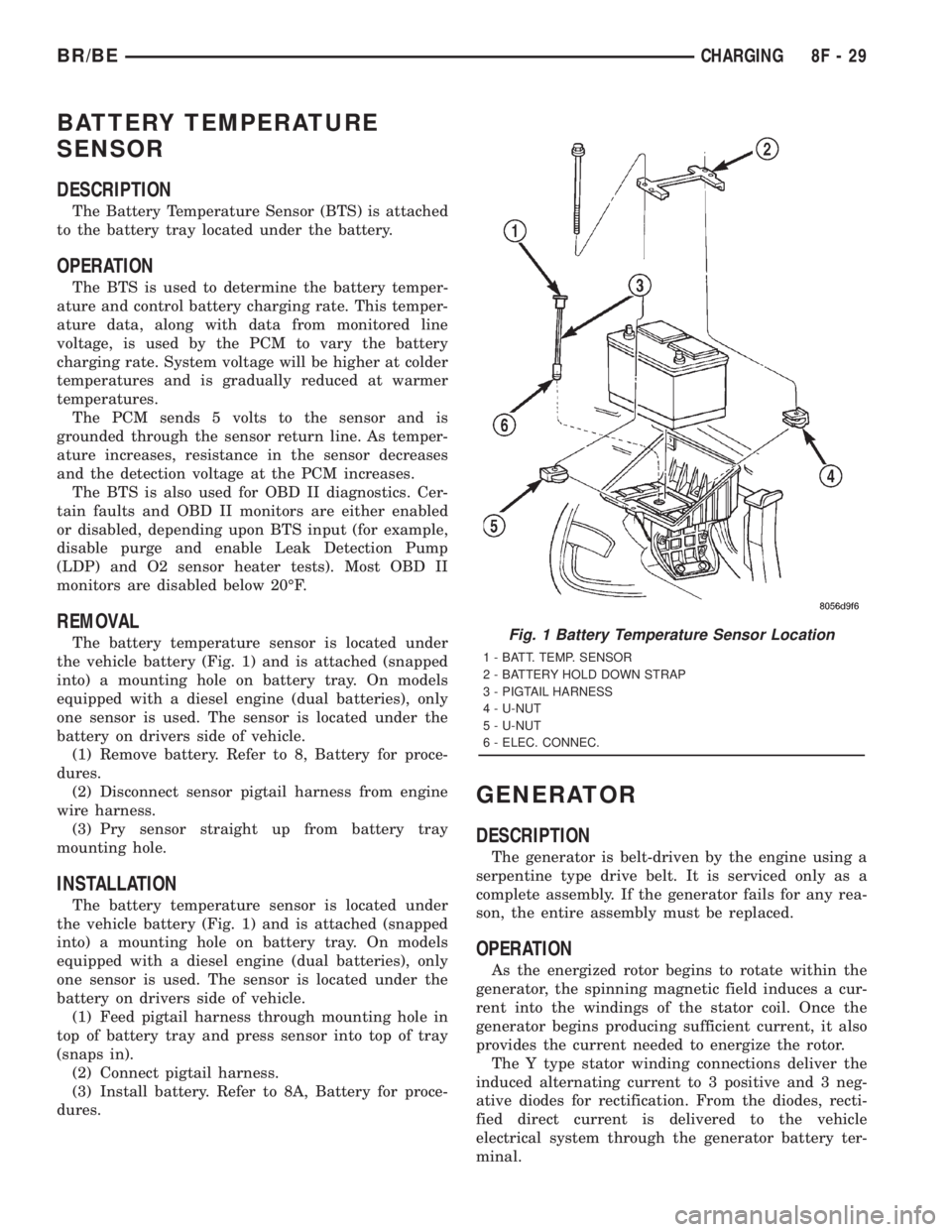 DODGE RAM 2001  Service Repair Manual BATTERY TEMPERATURE
SENSOR
DESCRIPTION
The Battery Temperature Sensor (BTS) is attached
to the battery tray located under the battery.
OPERATION
The BTS is used to determine the battery temper-
ature 