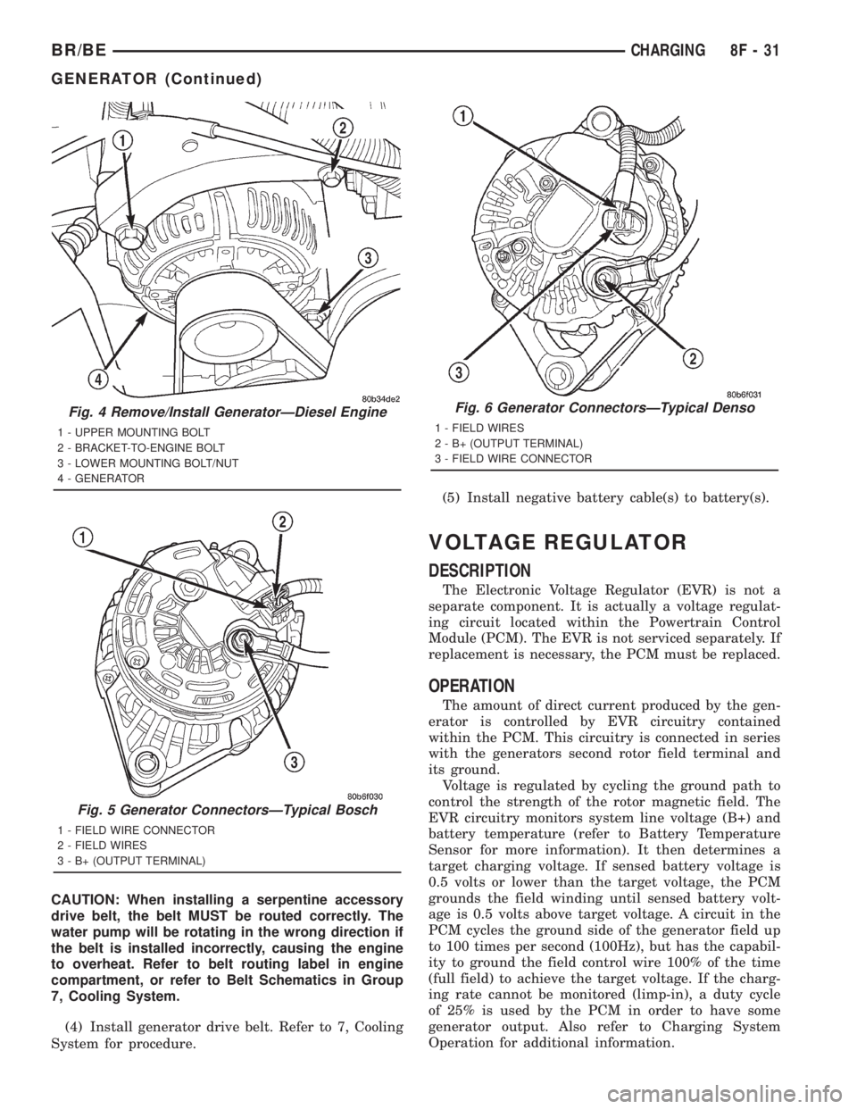 DODGE RAM 2001 Service Repair Manual CAUTION: When installing a serpentine accessory
drive belt, the belt MUST be routed correctly. The
water pump will be rotating in the wrong direction if
the belt is installed incorrectly, causing the DODGE RAM 2001 Service Repair Manual CAUTION: When installing a serpentine accessory
drive belt, the belt MUST be routed correctly. The
water pump will be rotating in the wrong direction if
the belt is installed incorrectly, causing the