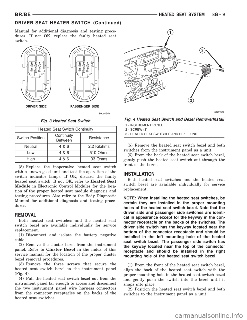 DODGE RAM 2001 Service Repair Manual Manual for additional diagnosis and testing proce-
dures. If not OK, replace the faulty heated seat
switch.
Heated Seat Switch Continuity
Switch PositionContinuity
BetweenResistance
Neutral 4 & 6 2.2 DODGE RAM 2001 Service Repair Manual Manual for additional diagnosis and testing proce-
dures. If not OK, replace the faulty heated seat
switch.
Heated Seat Switch Continuity
Switch PositionContinuity
BetweenResistance
Neutral 4 & 6 2.2