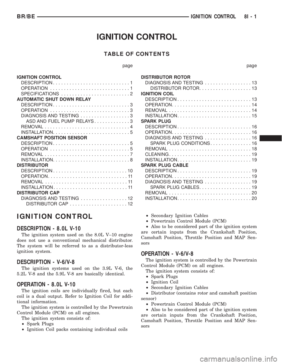 DODGE RAM 2001 Service Repair Manual IGNITION CONTROL
TABLE OF CONTENTS
page page
IGNITION CONTROL
DESCRIPTION............................1
OPERATION.............................1
SPECIFICATIONS.........................2
AUTOMATIC SHUT D DODGE RAM 2001 Service Repair Manual IGNITION CONTROL
TABLE OF CONTENTS
page page
IGNITION CONTROL
DESCRIPTION............................1
OPERATION.............................1
SPECIFICATIONS.........................2
AUTOMATIC SHUT D