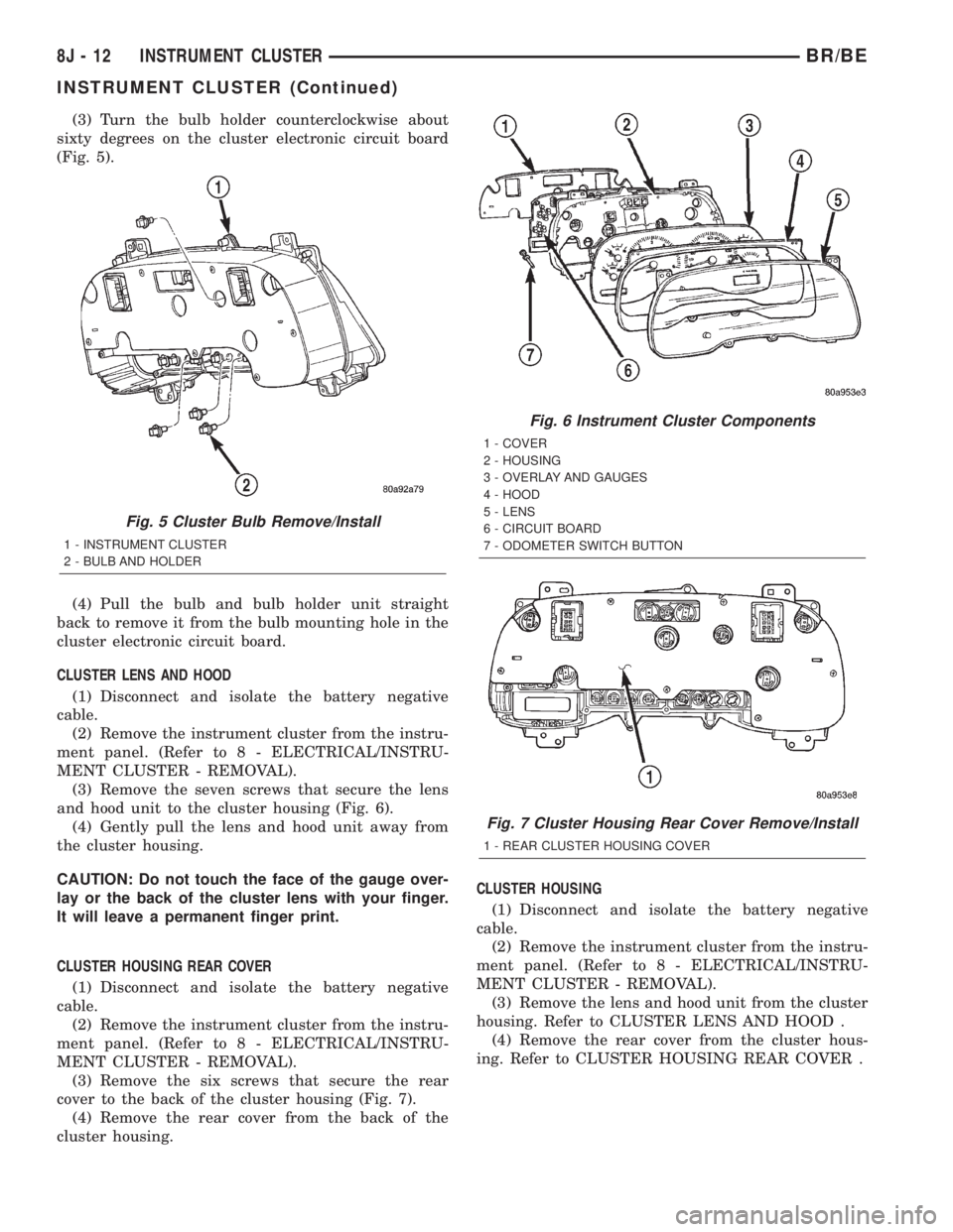 DODGE RAM 2001  Service Repair Manual (3) Turn the bulb holder counterclockwise about
sixty degrees on the cluster electronic circuit board
(Fig. 5).
(4) Pull the bulb and bulb holder unit straight
back to remove it from the bulb mounting