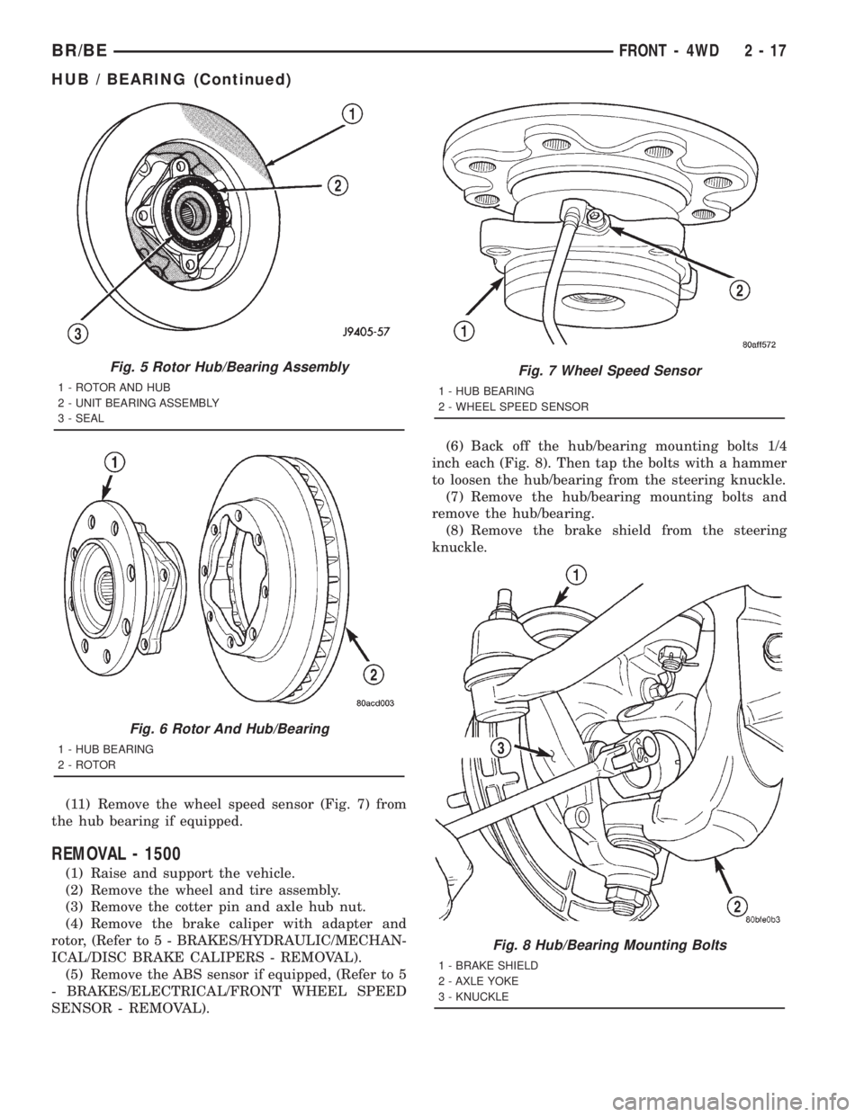 DODGE RAM 2001  Service Workshop Manual (11) Remove the wheel speed sensor (Fig. 7) from
the hub bearing if equipped.
REMOVAL - 1500
(1) Raise and support the vehicle.
(2) Remove the wheel and tire assembly.
(3) Remove the cotter pin and ax