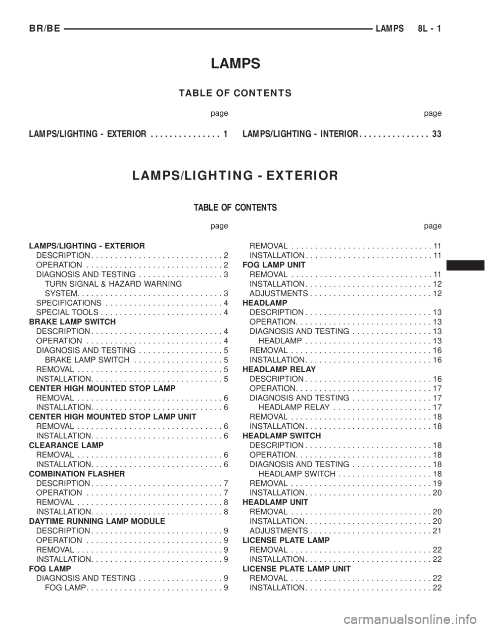 DODGE RAM 2001 Service Repair Manual LAMPS
TABLE OF CONTENTS
page page
LAMPS/LIGHTING - EXTERIOR............... 1LAMPS/LIGHTING - INTERIOR............... 33
LAMPS/LIGHTING - EXTERIOR
TABLE OF CONTENTS
page page
LAMPS/LIGHTING - EXTERIOR
DODGE RAM 2001 Service Repair Manual LAMPS
TABLE OF CONTENTS
page page
LAMPS/LIGHTING - EXTERIOR............... 1LAMPS/LIGHTING - INTERIOR............... 33
LAMPS/LIGHTING - EXTERIOR
TABLE OF CONTENTS
page page
LAMPS/LIGHTING - EXTERIOR