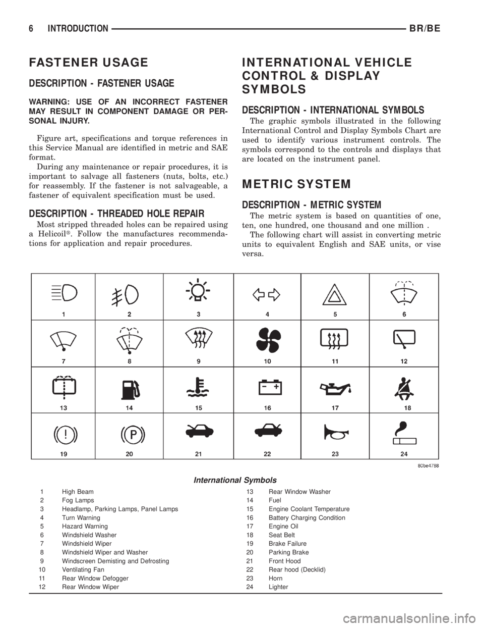 DODGE RAM 2001 Service Repair Manual FASTENER USAGE
DESCRIPTION - FASTENER USAGE
WARNING: USE OF AN INCORRECT FASTENER
MAY RESULT IN COMPONENT DAMAGE OR PER-
SONAL INJURY.
Figure art, specifications and torque references in
this Service DODGE RAM 2001 Service Repair Manual FASTENER USAGE
DESCRIPTION - FASTENER USAGE
WARNING: USE OF AN INCORRECT FASTENER
MAY RESULT IN COMPONENT DAMAGE OR PER-
SONAL INJURY.
Figure art, specifications and torque references in
this Service