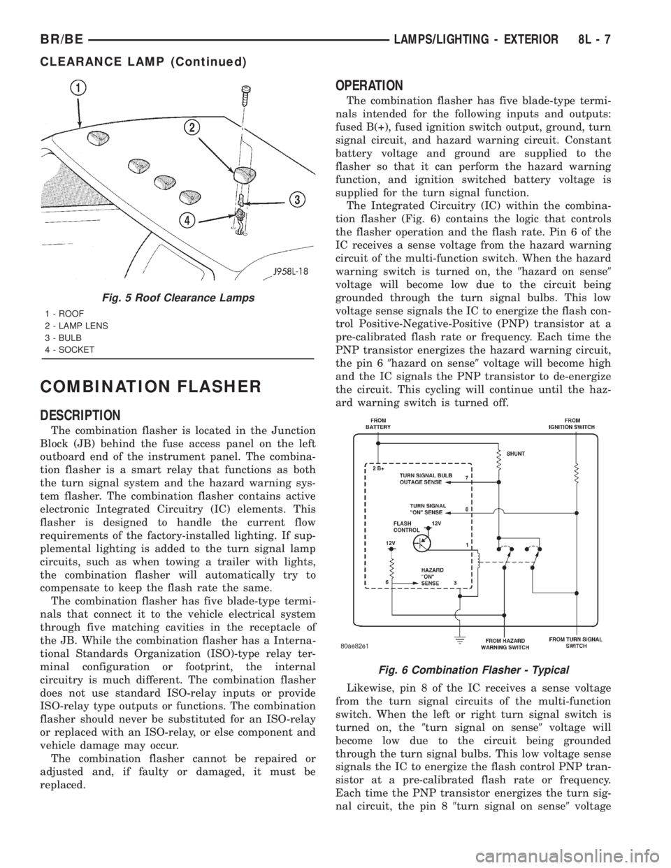 DODGE RAM 2001 Service Repair Manual COMBINATION FLASHER
DESCRIPTION
The combination flasher is located in the Junction
Block (JB) behind the fuse access panel on the left
outboard end of the instrument panel. The combina-
tion flasher i DODGE RAM 2001 Service Repair Manual COMBINATION FLASHER
DESCRIPTION
The combination flasher is located in the Junction
Block (JB) behind the fuse access panel on the left
outboard end of the instrument panel. The combina-
tion flasher i