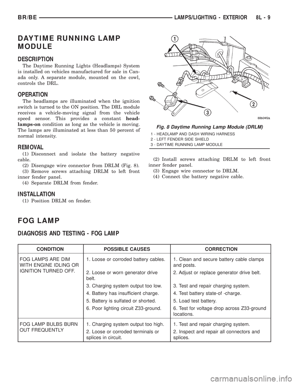 DODGE RAM 2001 Service Repair Manual DAYTIME RUNNING LAMP
MODULE
DESCRIPTION
The Daytime Running Lights (Headlamps) System
is installed on vehicles manufactured for sale in Can-
ada only. A separate module, mounted on the cowl,
controls DODGE RAM 2001 Service Repair Manual DAYTIME RUNNING LAMP
MODULE
DESCRIPTION
The Daytime Running Lights (Headlamps) System
is installed on vehicles manufactured for sale in Can-
ada only. A separate module, mounted on the cowl,
controls