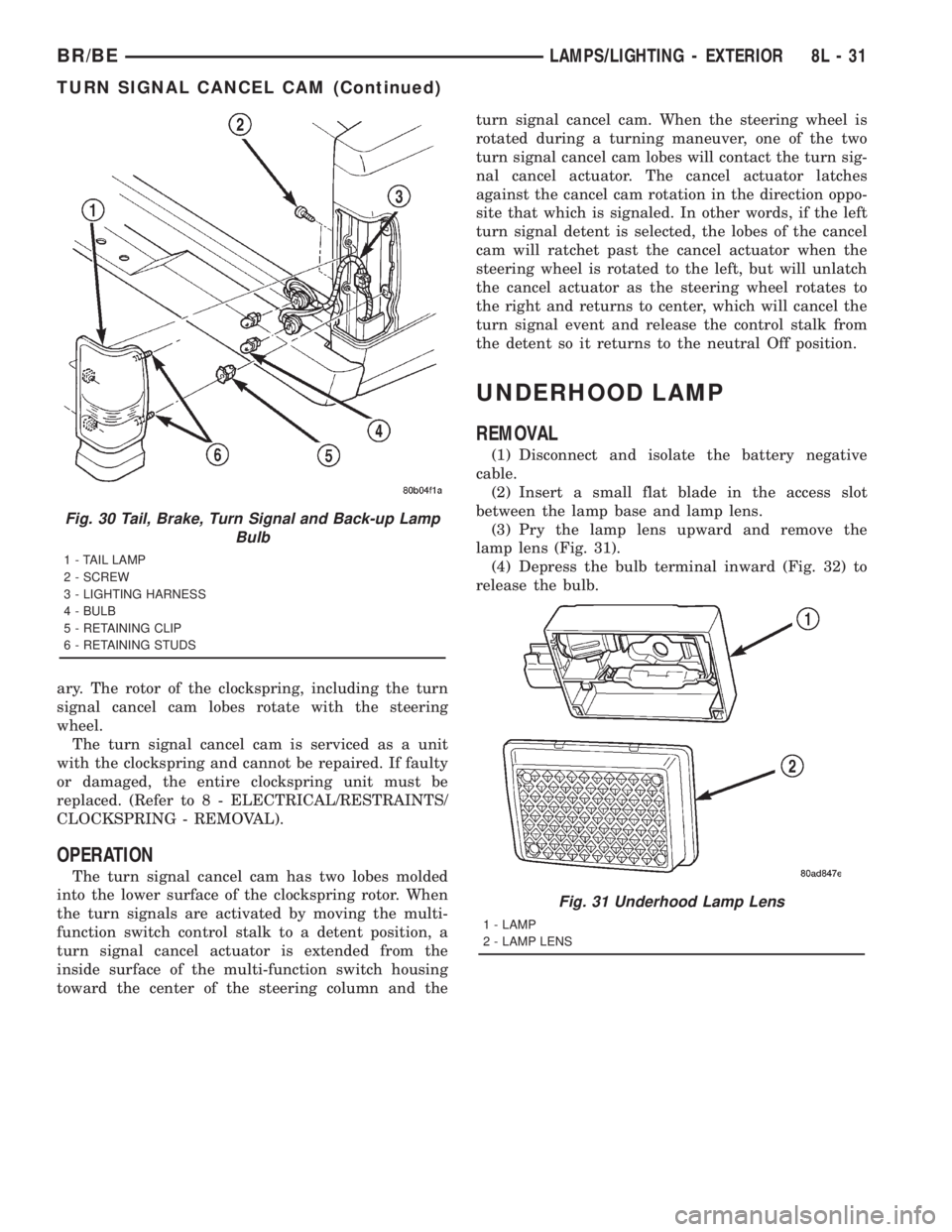 DODGE RAM 2001 Service Repair Manual ary. The rotor of the clockspring, including the turn
signal cancel cam lobes rotate with the steering
wheel.
The turn signal cancel cam is serviced as a unit
with the clockspring and cannot be repair DODGE RAM 2001 Service Repair Manual ary. The rotor of the clockspring, including the turn
signal cancel cam lobes rotate with the steering
wheel.
The turn signal cancel cam is serviced as a unit
with the clockspring and cannot be repair