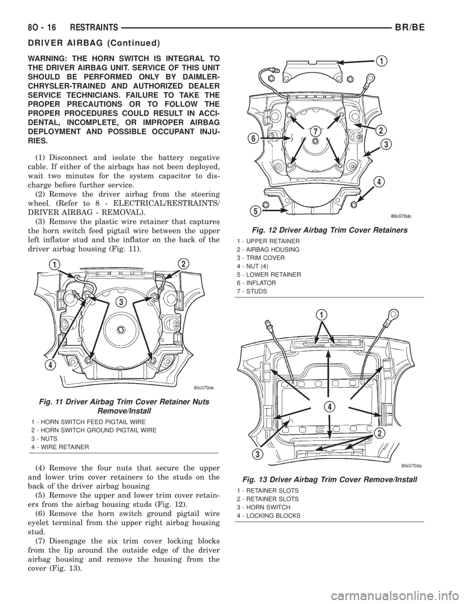 DODGE RAM 2001 Service Repair Manual WARNING: THE HORN SWITCH IS INTEGRAL TO
THE DRIVER AIRBAG UNIT. SERVICE OF THIS UNIT
SHOULD BE PERFORMED ONLY BY DAIMLER-
CHRYSLER-TRAINED AND AUTHORIZED DEALER
SERVICE TECHNICIANS. FAILURE TO TAKE TH DODGE RAM 2001 Service Repair Manual WARNING: THE HORN SWITCH IS INTEGRAL TO
THE DRIVER AIRBAG UNIT. SERVICE OF THIS UNIT
SHOULD BE PERFORMED ONLY BY DAIMLER-
CHRYSLER-TRAINED AND AUTHORIZED DEALER
SERVICE TECHNICIANS. FAILURE TO TAKE TH