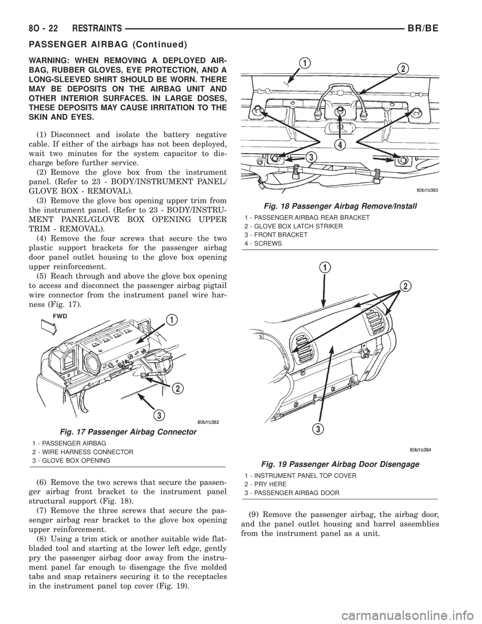 DODGE RAM 2001 Service Repair Manual WARNING: WHEN REMOVING A DEPLOYED AIR-
BAG, RUBBER GLOVES, EYE PROTECTION, AND A
LONG-SLEEVED SHIRT SHOULD BE WORN. THERE
MAY BE DEPOSITS ON THE AIRBAG UNIT AND
OTHER INTERIOR SURFACES. IN LARGE DOSES DODGE RAM 2001 Service Repair Manual WARNING: WHEN REMOVING A DEPLOYED AIR-
BAG, RUBBER GLOVES, EYE PROTECTION, AND A
LONG-SLEEVED SHIRT SHOULD BE WORN. THERE
MAY BE DEPOSITS ON THE AIRBAG UNIT AND
OTHER INTERIOR SURFACES. IN LARGE DOSES