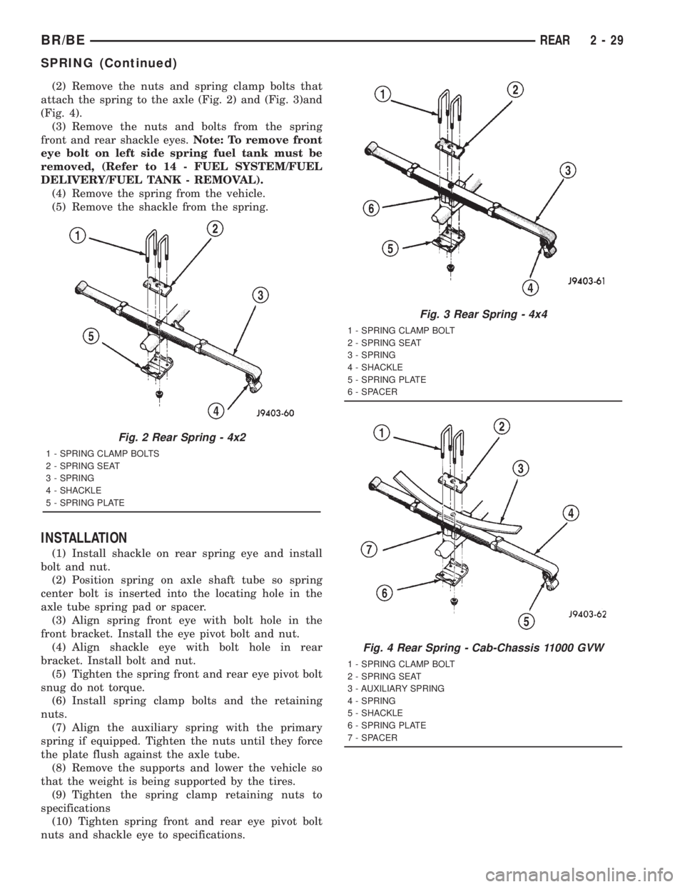 DODGE RAM 2001 Service Manual PDF (2) Remove the nuts and spring clamp bolts that
attach the spring to the axle (Fig. 2) and (Fig. 3)and
(Fig. 4).
(3) Remove the nuts and bolts from the spring
front and rear shackle eyes.Note: To remo DODGE RAM 2001 Service Manual PDF (2) Remove the nuts and spring clamp bolts that
attach the spring to the axle (Fig. 2) and (Fig. 3)and
(Fig. 4).
(3) Remove the nuts and bolts from the spring
front and rear shackle eyes.Note: To remo
