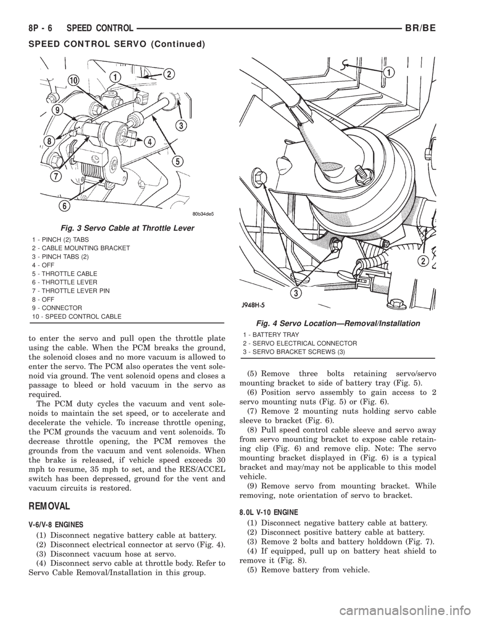 DODGE RAM 2001  Service Repair Manual to enter the servo and pull open the throttle plate
using the cable. When the PCM breaks the ground,
the solenoid closes and no more vacuum is allowed to
enter the servo. The PCM also operates the ven
