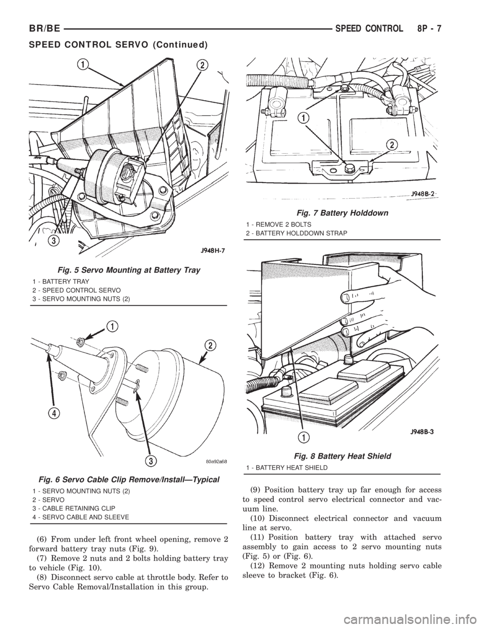 DODGE RAM 2001  Service Repair Manual (6) From under left front wheel opening, remove 2
forward battery tray nuts (Fig. 9).
(7) Remove 2 nuts and 2 bolts holding battery tray
to vehicle (Fig. 10).
(8) Disconnect servo cable at throttle bo