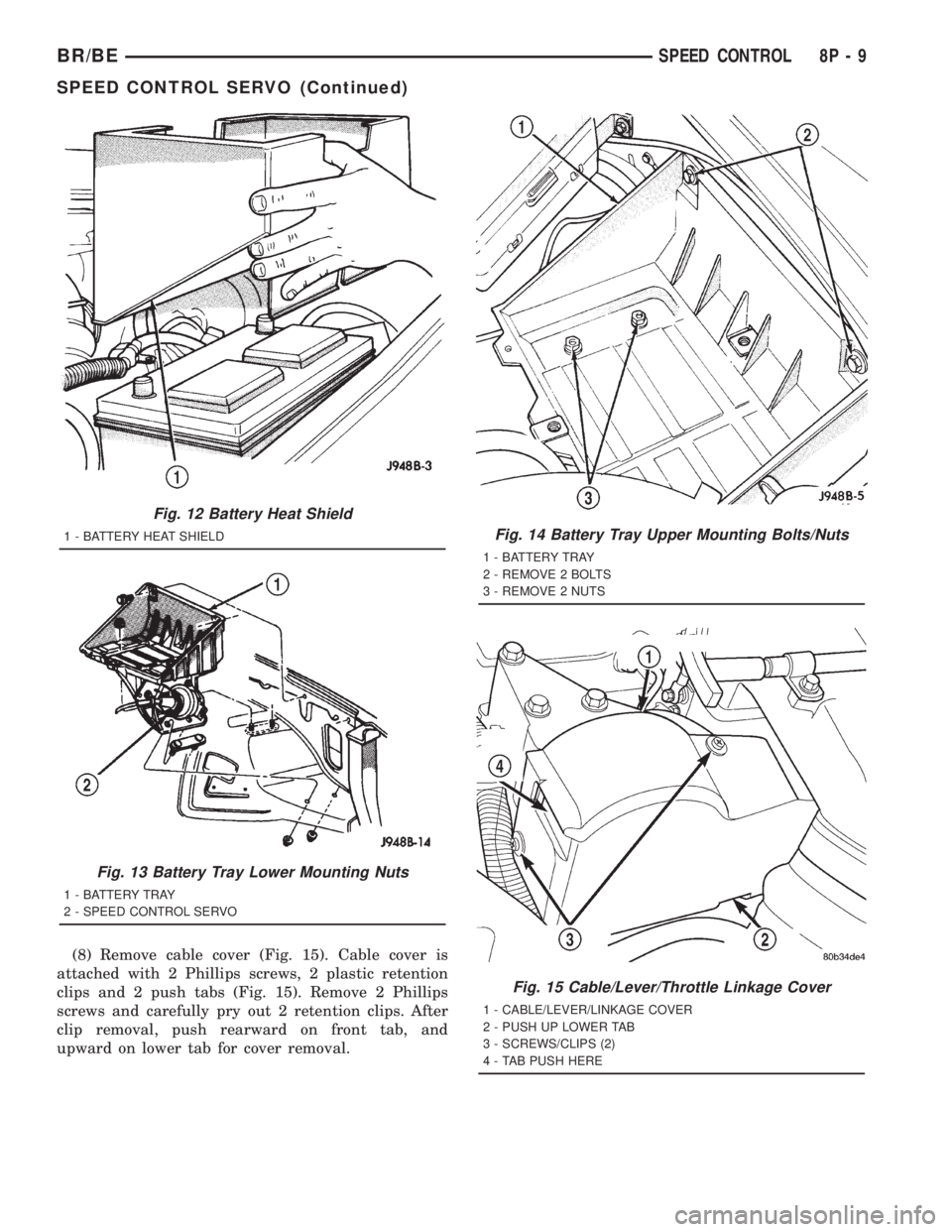 DODGE RAM 2001  Service Repair Manual (8) Remove cable cover (Fig. 15). Cable cover is
attached with 2 Phillips screws, 2 plastic retention
clips and 2 push tabs (Fig. 15). Remove 2 Phillips
screws and carefully pry out 2 retention clips.