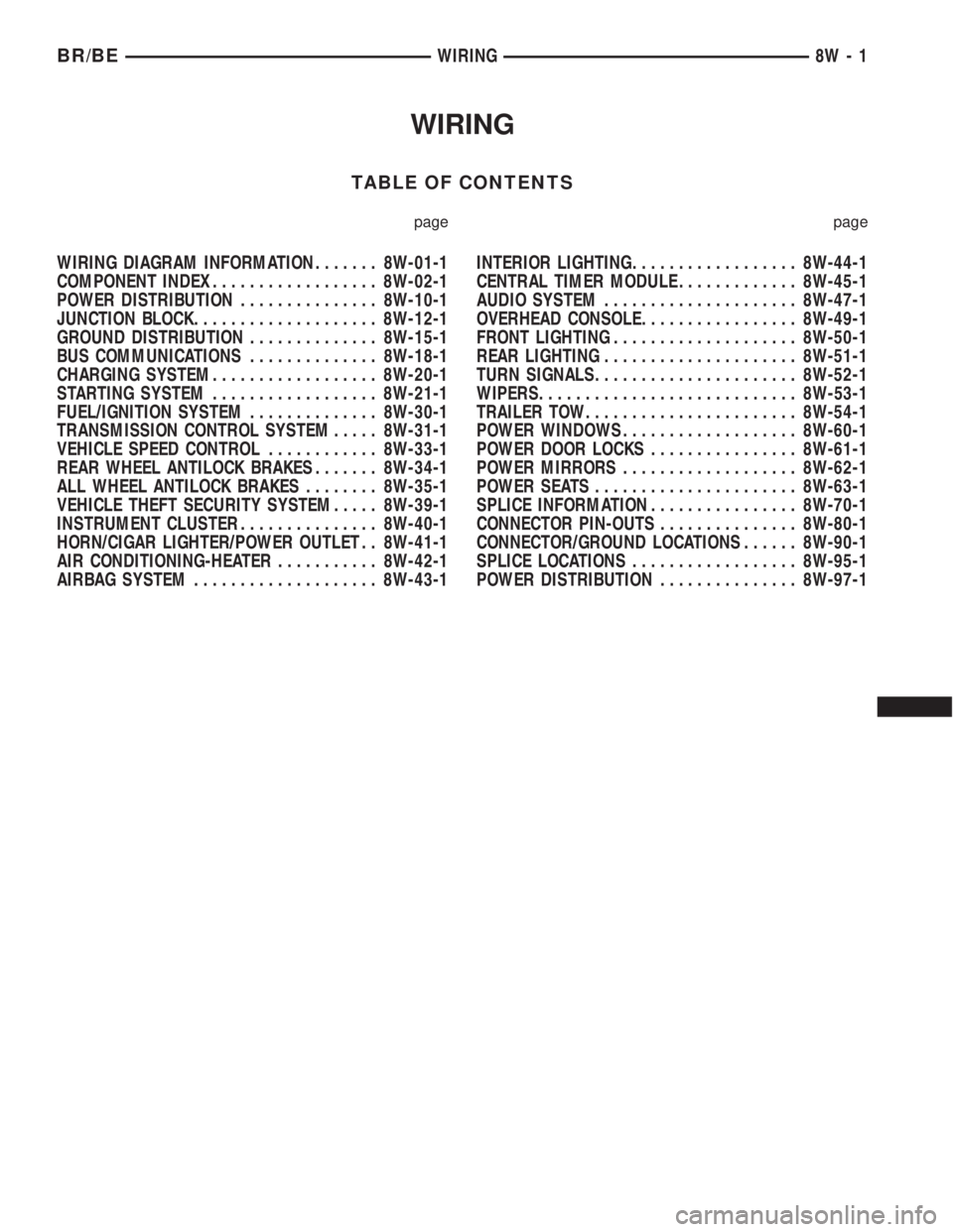 DODGE RAM 2001  Service Repair Manual WIRING
TABLE OF CONTENTS
page page
WIRING DIAGRAM INFORMATION....... 8W-01-1
COMPONENT INDEX.................. 8W-02-1
POWER DISTRIBUTION............... 8W-10-1
JUNCTION BLOCK.................... 8W-1