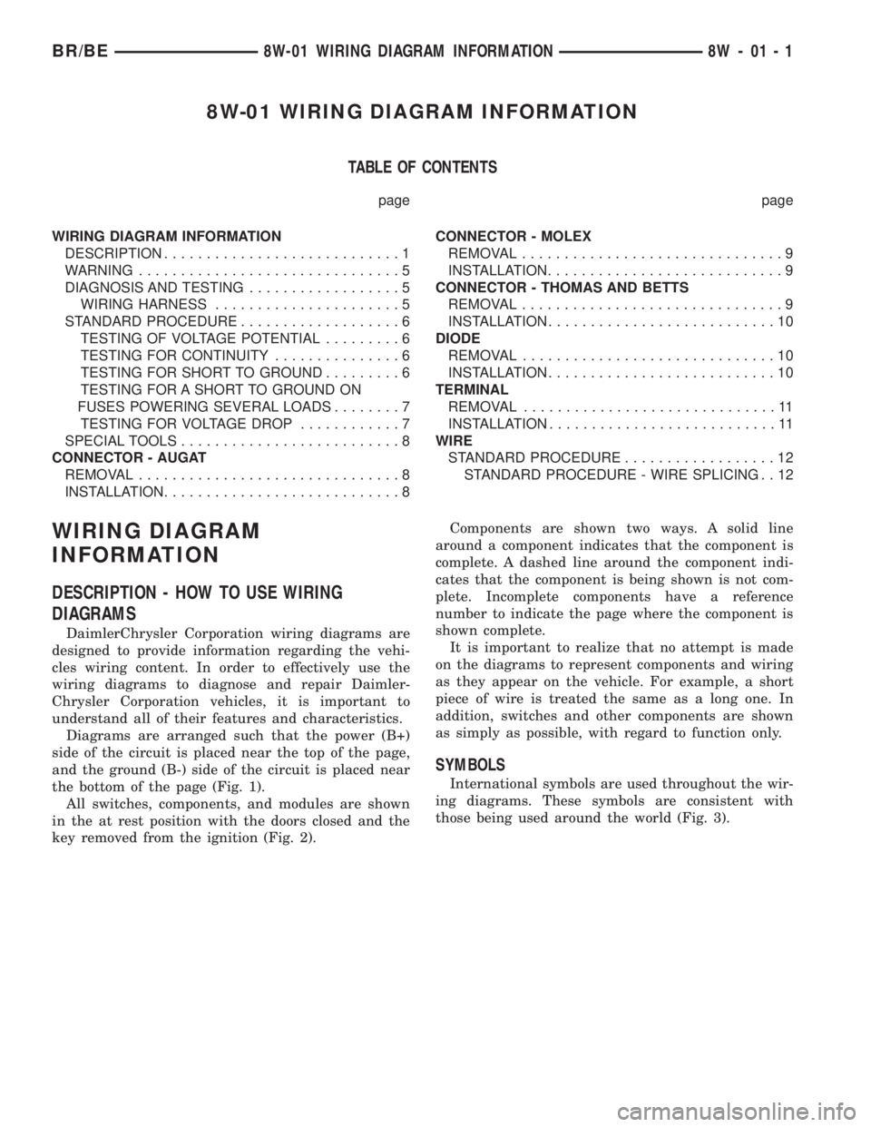 DODGE RAM 2001  Service Repair Manual 8W-01 WIRING DIAGRAM INFORMATION
TABLE OF CONTENTS
page page
WIRING DIAGRAM INFORMATION
DESCRIPTION............................1
WARNING...............................5
DIAGNOSIS AND TESTING..........