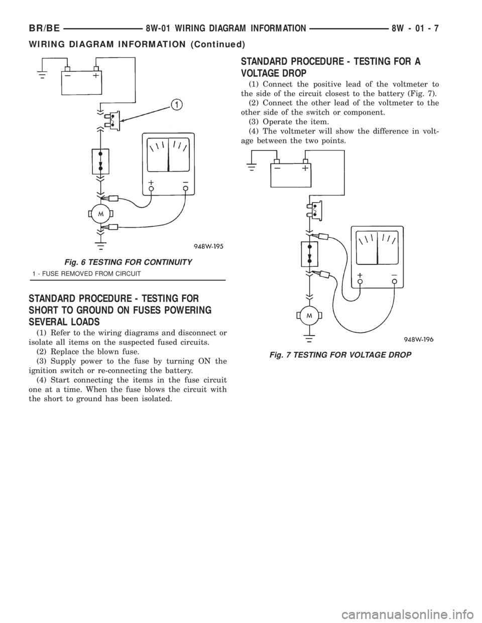 DODGE RAM 2001  Service Repair Manual STANDARD PROCEDURE - TESTING FOR
SHORT TO GROUND ON FUSES POWERING
SEVERAL LOADS
(1) Refer to the wiring diagrams and disconnect or
isolate all items on the suspected fused circuits.
(2) Replace the b