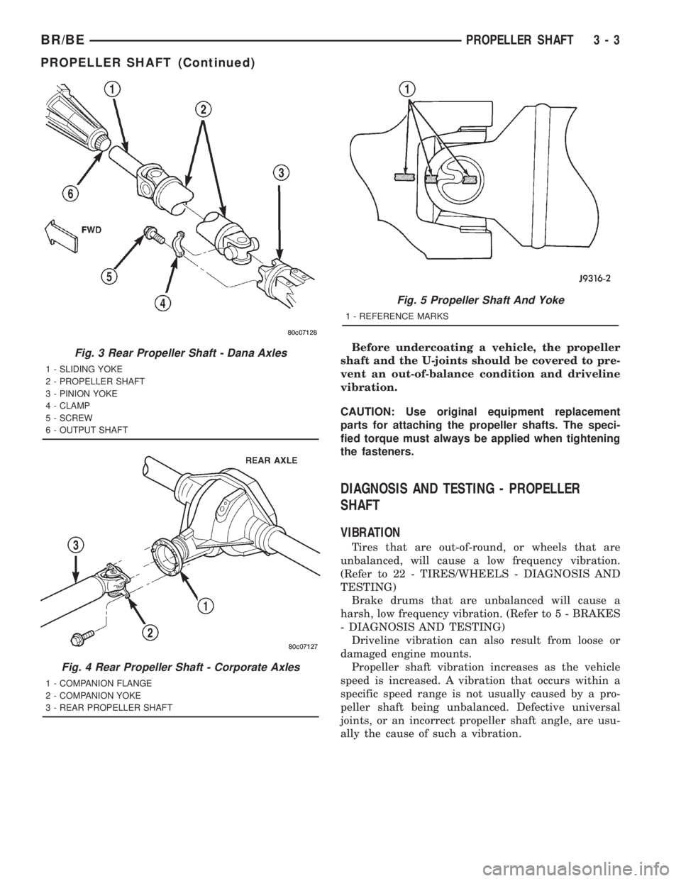DODGE RAM 2001 Service Manual PDF Before undercoating a vehicle, the propeller
shaft and the U-joints should be covered to pre-
vent an out-of-balance condition and driveline
vibration.
CAUTION: Use original equipment replacement
part DODGE RAM 2001 Service Manual PDF Before undercoating a vehicle, the propeller
shaft and the U-joints should be covered to pre-
vent an out-of-balance condition and driveline
vibration.
CAUTION: Use original equipment replacement
part