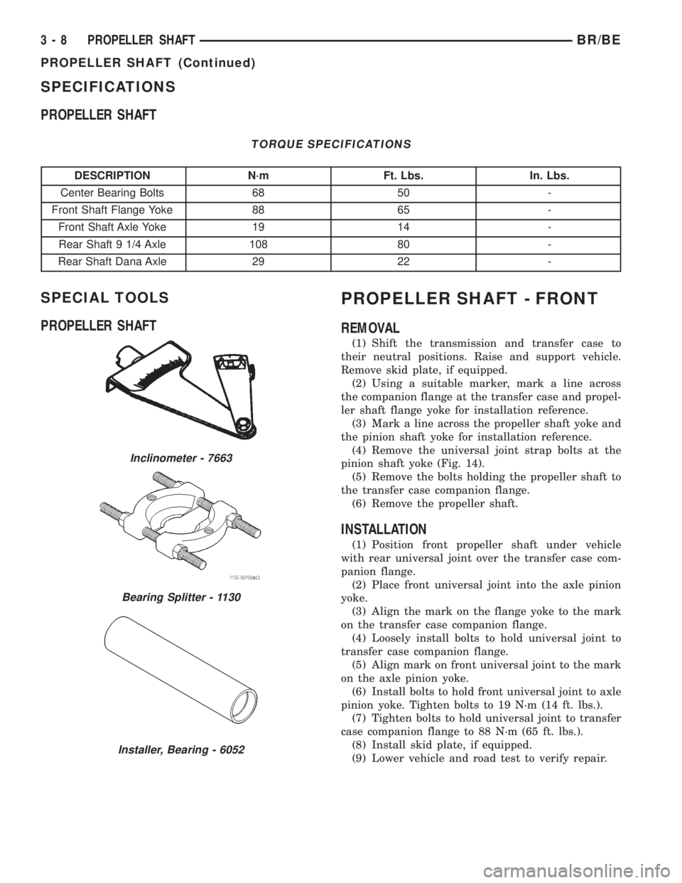 DODGE RAM 2001 Service Manual Online SPECIFICATIONS
PROPELLER SHAFT
TORQUE SPECIFICATIONS
DESCRIPTION N´m Ft. Lbs. In. Lbs.
Center Bearing Bolts 68 50 -
Front Shaft Flange Yoke 88 65 -
Front Shaft Axle Yoke 19 14 -
Rear Shaft 9 1/4 Axle DODGE RAM 2001 Service Manual Online SPECIFICATIONS
PROPELLER SHAFT
TORQUE SPECIFICATIONS
DESCRIPTION N´m Ft. Lbs. In. Lbs.
Center Bearing Bolts 68 50 -
Front Shaft Flange Yoke 88 65 -
Front Shaft Axle Yoke 19 14 -
Rear Shaft 9 1/4 Axle