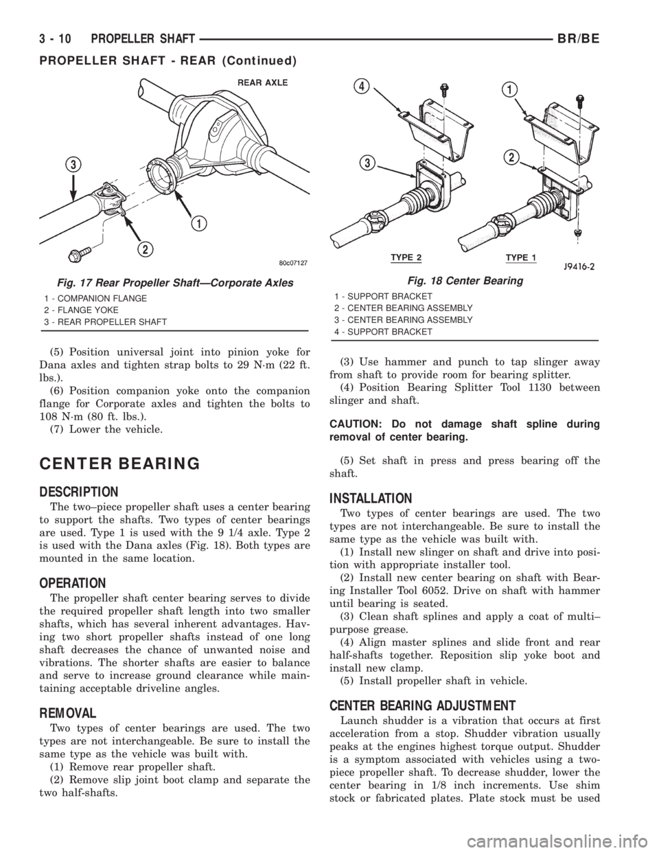 DODGE RAM 2001 Service Manual Online (5) Position universal joint into pinion yoke for
Dana axles and tighten strap bolts to 29 N´m (22 ft.
lbs.).
(6) Position companion yoke onto the companion
flange for Corporate axles and tighten the DODGE RAM 2001 Service Manual Online (5) Position universal joint into pinion yoke for
Dana axles and tighten strap bolts to 29 N´m (22 ft.
lbs.).
(6) Position companion yoke onto the companion
flange for Corporate axles and tighten the