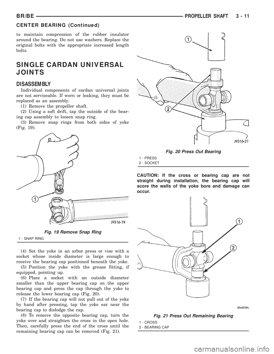 DODGE RAM 2001 Service Manual Online to maintain compression of the rubber insulator
around the bearing. Do not use washers. Replace the
original bolts with the appropriate increased length
bolts.
SINGLE CARDAN UNIVERSAL
JOINTS
DISASSEMB DODGE RAM 2001 Service Manual Online to maintain compression of the rubber insulator
around the bearing. Do not use washers. Replace the
original bolts with the appropriate increased length
bolts.
SINGLE CARDAN UNIVERSAL
JOINTS
DISASSEMB