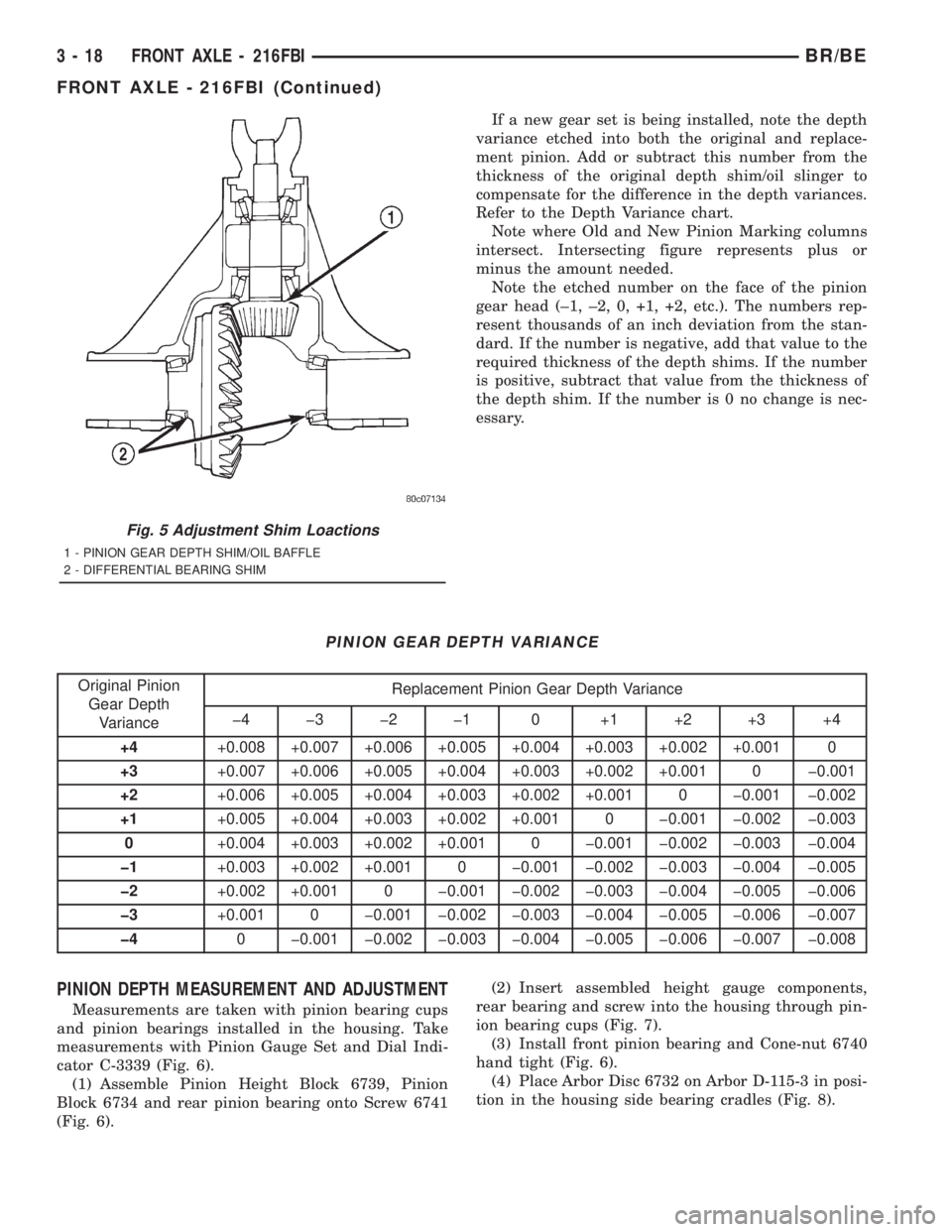 DODGE RAM 2001 Service Owners Manual If a new gear set is being installed, note the depth
variance etched into both the original and replace-
ment pinion. Add or subtract this number from the
thickness of the original depth shim/oil slin DODGE RAM 2001 Service Owners Manual If a new gear set is being installed, note the depth
variance etched into both the original and replace-
ment pinion. Add or subtract this number from the
thickness of the original depth shim/oil slin