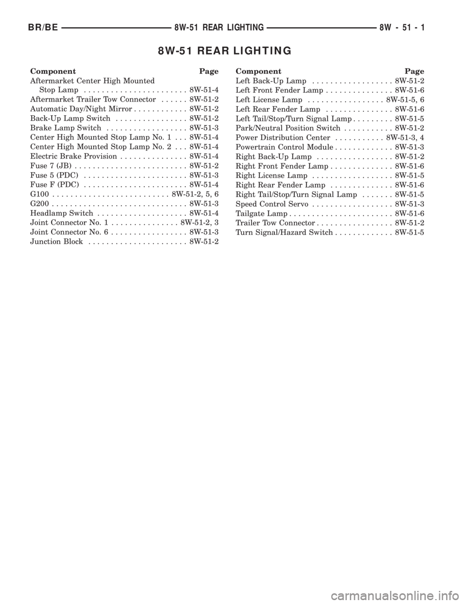 DODGE RAM 2001  Service Repair Manual 8W-51 REAR LIGHTING
Component Page
Aftermarket Center High Mounted
Stop Lamp....................... 8W-51-4
Aftermarket Trailer Tow Connector...... 8W-51-2
Automatic Day/Night Mirror............ 8W-51