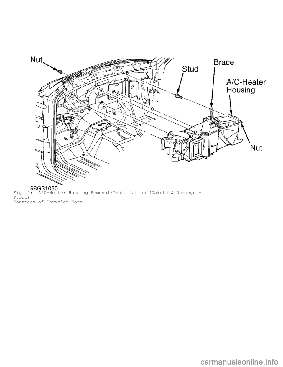 DODGE RAM 1999 Service Repair Manual Fig. 4: A/C-Heater Housing Removal/Installation (Dakota & Durango -
Front)
Courtesy of Chrysler Corp. DODGE RAM 1999 Service Repair Manual Fig. 4: A/C-Heater Housing Removal/Installation (Dakota & Durango -
Front)
Courtesy of Chrysler Corp.