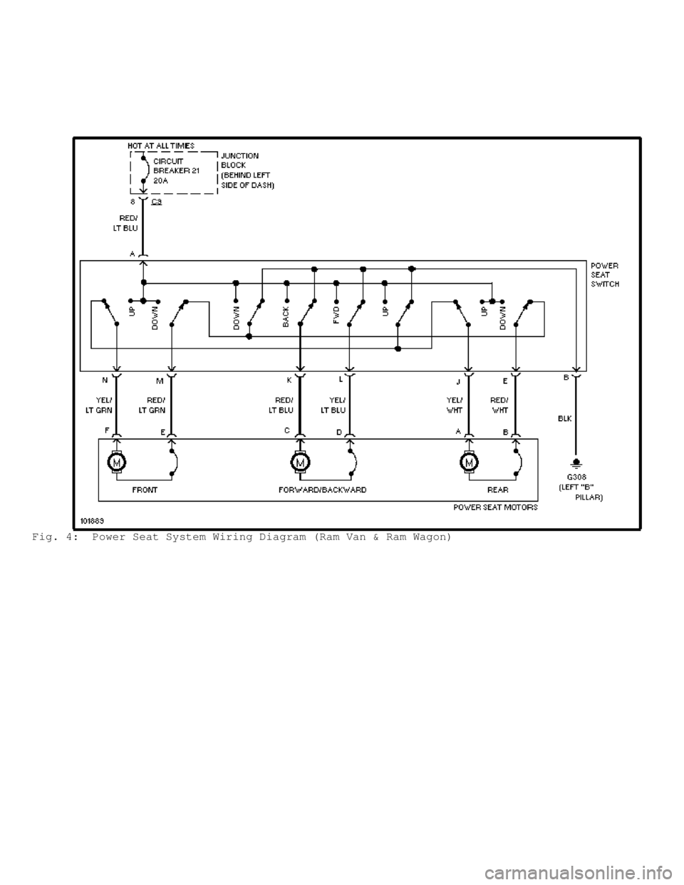 DODGE RAM 1999  Service Repair Manual Fig. 4:  Power Seat System Wiring Diagram (Ram Van & Ram Wagon)                          