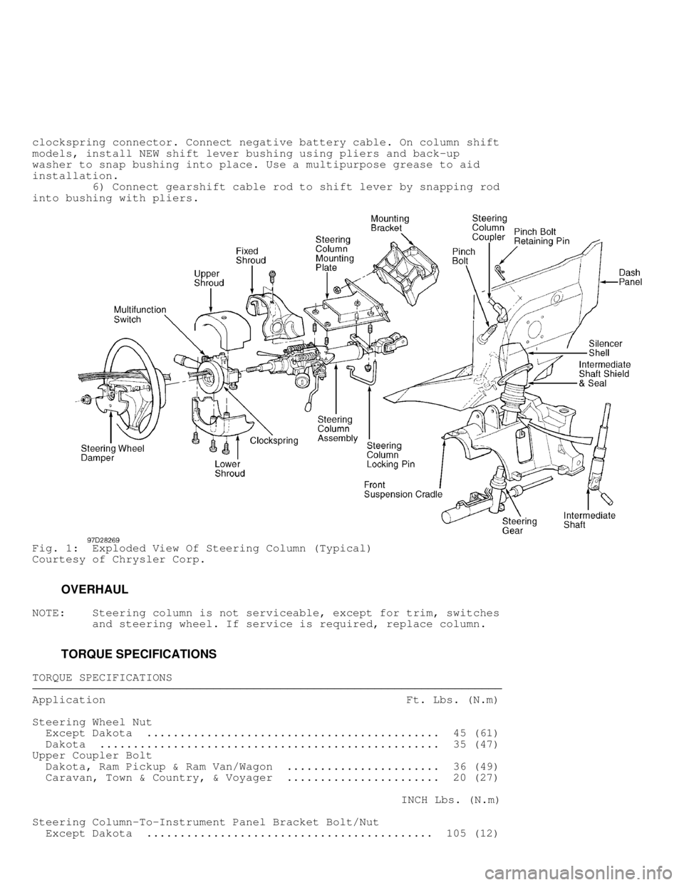 DODGE RAM 1999  Service Repair Manual clockspring connector. Connect negative battery cable. On column shift
models, install NEW shift lever bushing using pliers and back-up
washer to snap bushing into place. Use a multipurpose grease to 