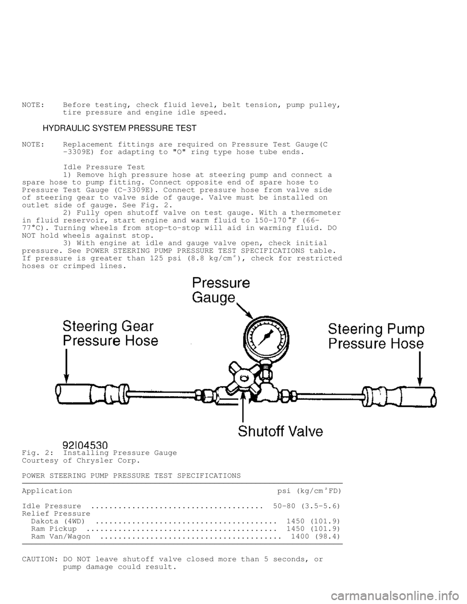DODGE RAM 1999  Service Repair Manual NOTE:    Before testing, check fluid level, belt tension, pump pulley,
         tire pressure and engine idle speed.
         HYDRAULIC SYSTEM PRESSURE TEST
NOTE:    Replacement fittings are required 