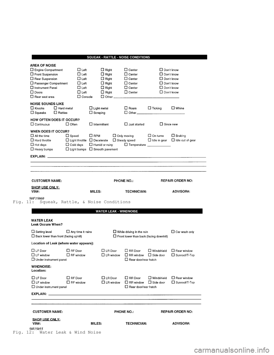 DODGE RAM 1999  Service Repair Manual Fig. 11:  Squeak, Rattle, & Noise Conditions
Fig. 12:  Water Leak & Wind Noise                                  