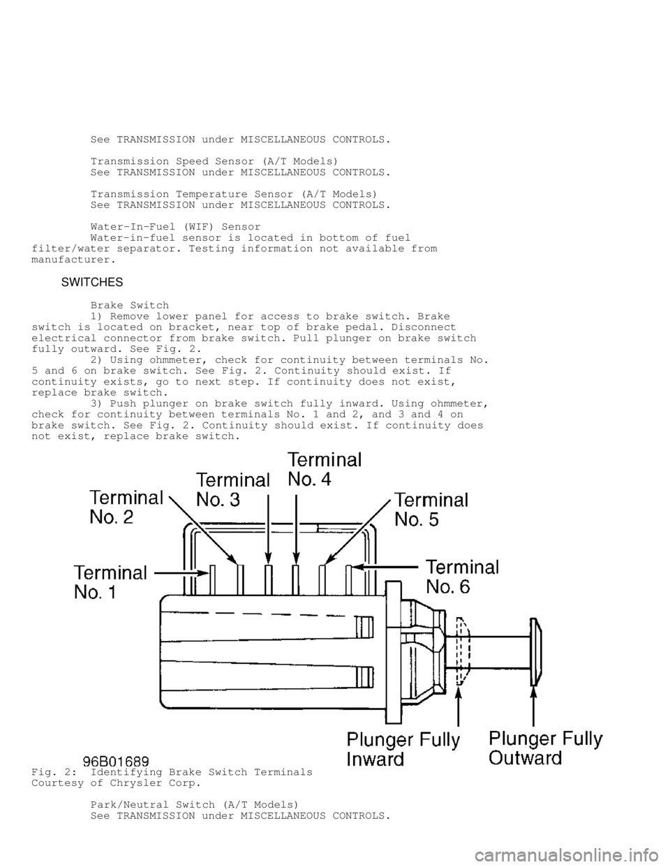 DODGE RAM 1999  Service Repair Manual          See TRANSMISSION under MISCELLANEOUS CONTROLS.
         Transmission Speed Sensor (A/T Models)
         See TRANSMISSION under MISCELLANEOUS CONTROLS.
          Transmission Temperature Senso