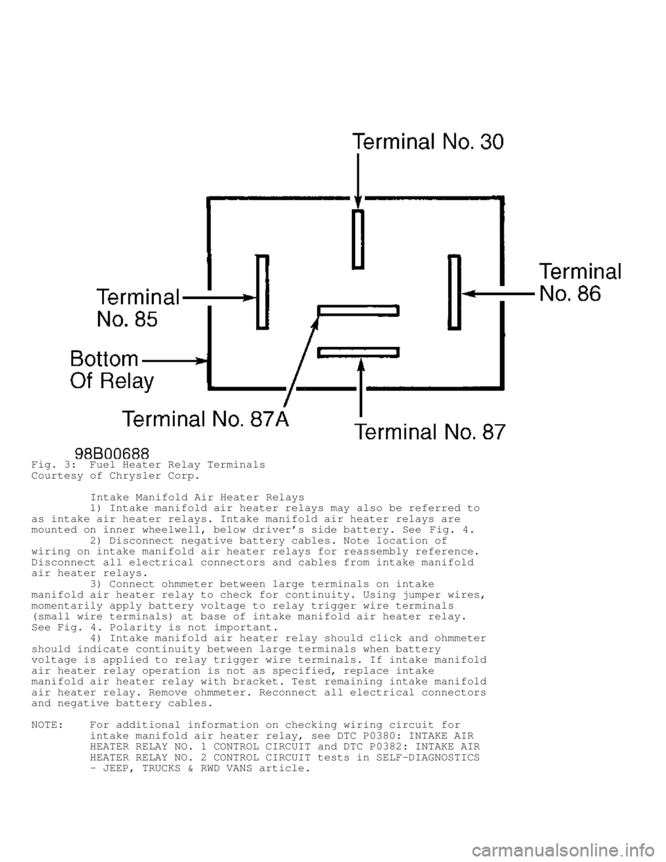 DODGE RAM 1999  Service Repair Manual Fig. 3:  Fuel Heater Relay Terminals
Courtesy of Chrysler Corp.
         Intake Manifold Air Heater Relays
         1) Intake manifold air heater relays may also be referred to
as intake air heater re