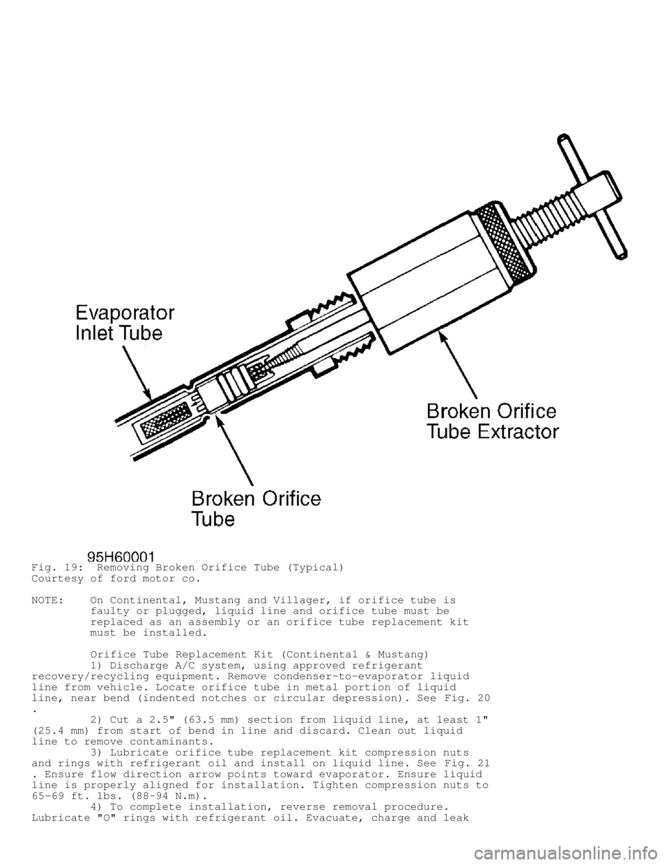 DODGE RAM 1999  Service Repair Manual Fig. 19:  Removing Broken Orifice Tube (Typical)
Courtesy of ford motor co.
NOTE:    On Continental, Mustang and Villager, if orifice tube is
         faulty or plugged, liquid line and orifice tube m