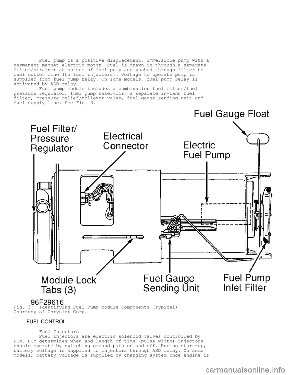 DODGE RAM 1999  Service Repair Manual          Fuel pump is a positive displacement, immersible pump with a
permanent magnet electric motor. Fuel is drawn in through a separate
filter/strainer at bottom of fuel pump and pushed through fil