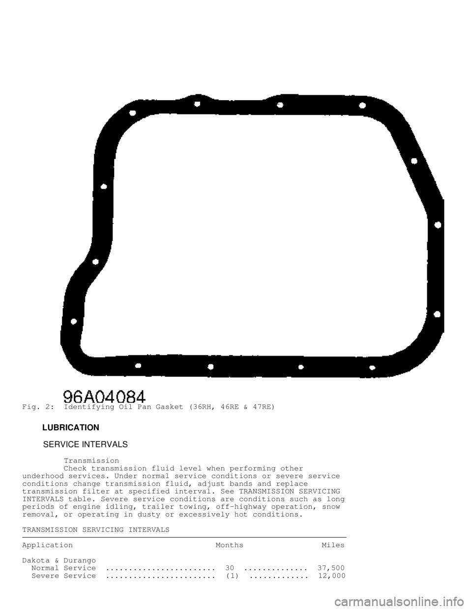 DODGE RAM 1999  Service Repair Manual Fig. 2:  Identifying Oil Pan Gasket (36RH, 46RE & 47RE)
         LUBRICATION
          SERVICE INTERVALS
          Transmission
         Check transmission fluid level when performing other
underhood 