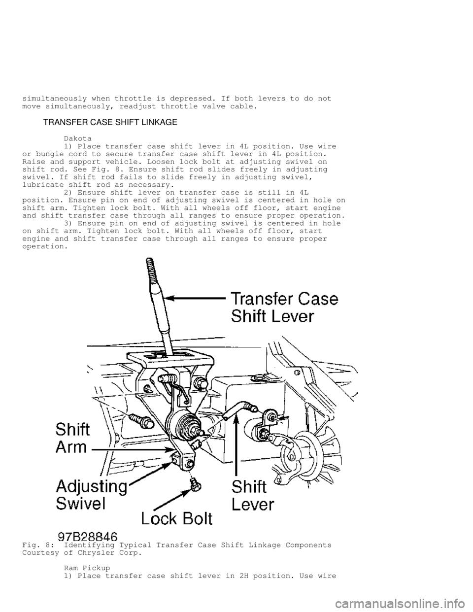 DODGE RAM 1999  Service Repair Manual simultaneously when throttle is depressed. If both levers to do not
move simultaneously, readjust throttle valve cable.
         TRANSFER CASE SHIFT LINKAGE
          Dakota
         1) Place transfer