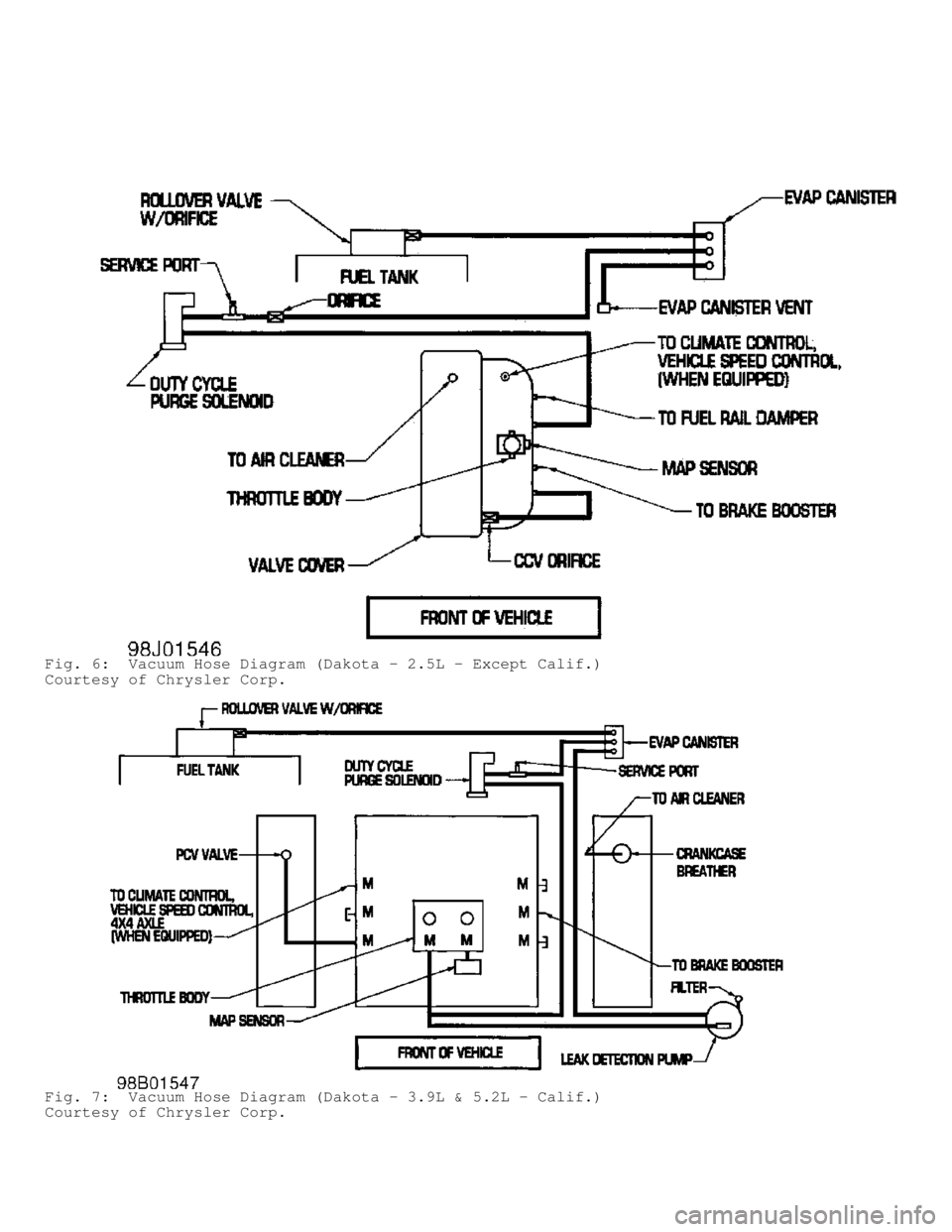 DODGE RAM 1999  Service Repair Manual Fig. 6:  Vacuum Hose Diagram (Dakota - 2.5L - Except Calif.)
Courtesy of Chrysler Corp.
Fig. 7:  Vacuum Hose Diagram (Dakota - 3.9L & 5.2L - Calif.)
Courtesy of Chrysler Corp.                         