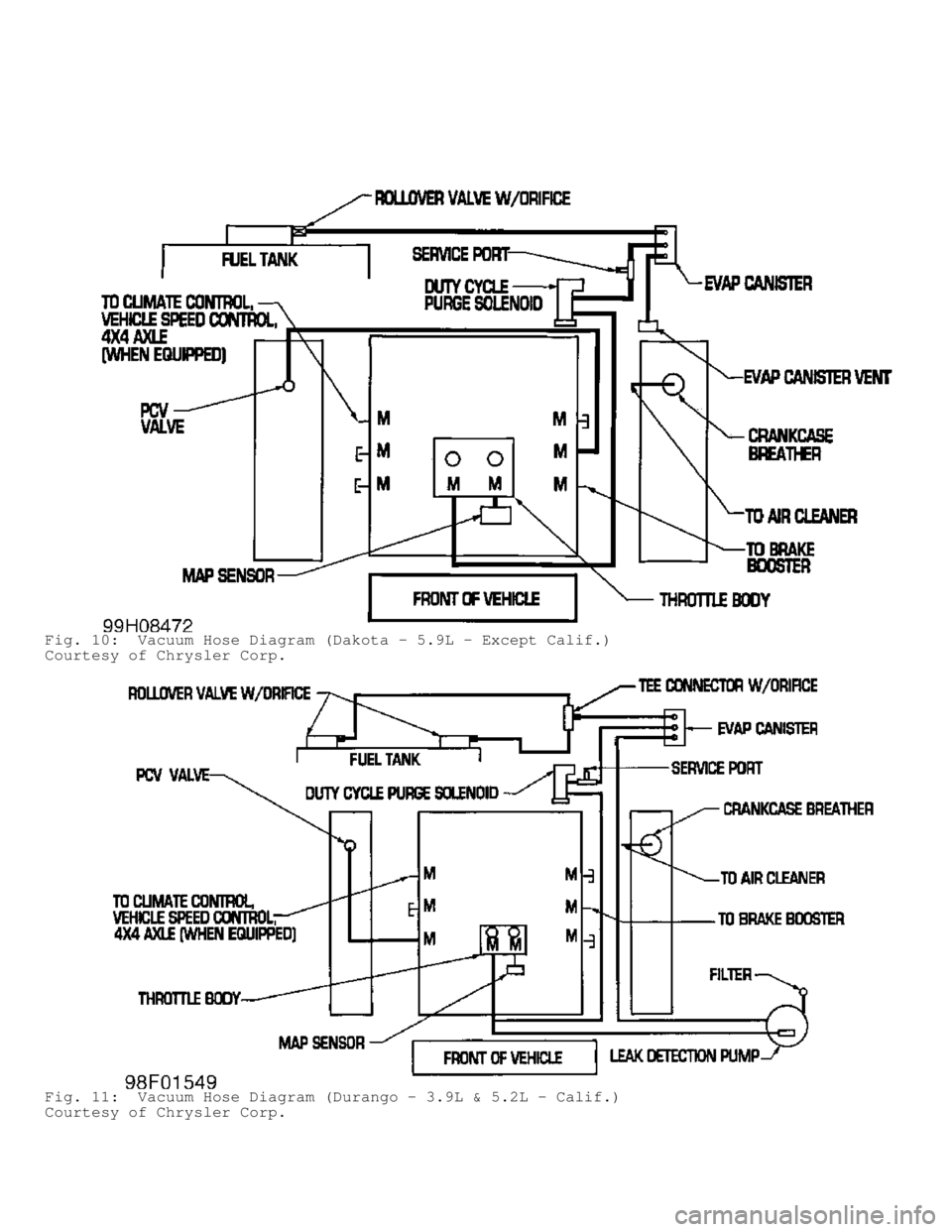 DODGE RAM 1999  Service Repair Manual Fig. 10:  Vacuum Hose Diagram (Dakota - 5.9L - Except Calif.)
Courtesy of Chrysler Corp.
Fig. 11:  Vacuum Hose Diagram (Durango - 3.9L & 5.2L - Calif.)
Courtesy of Chrysler Corp.                      