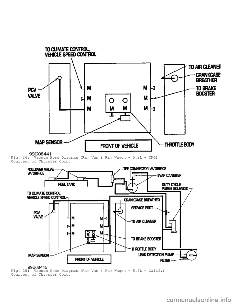 DODGE RAM 1999  Service Repair Manual Fig. 24:  Vacuum Hose Diagram (Ram Van & Ram Wagon - 5.2L - CNG)
Courtesy of Chrysler Corp.
Fig. 25:  Vacuum Hose Diagram (Ram Van & Ram Wagon - 5.9L - Calif.)
Courtesy of Chrysler Corp.              