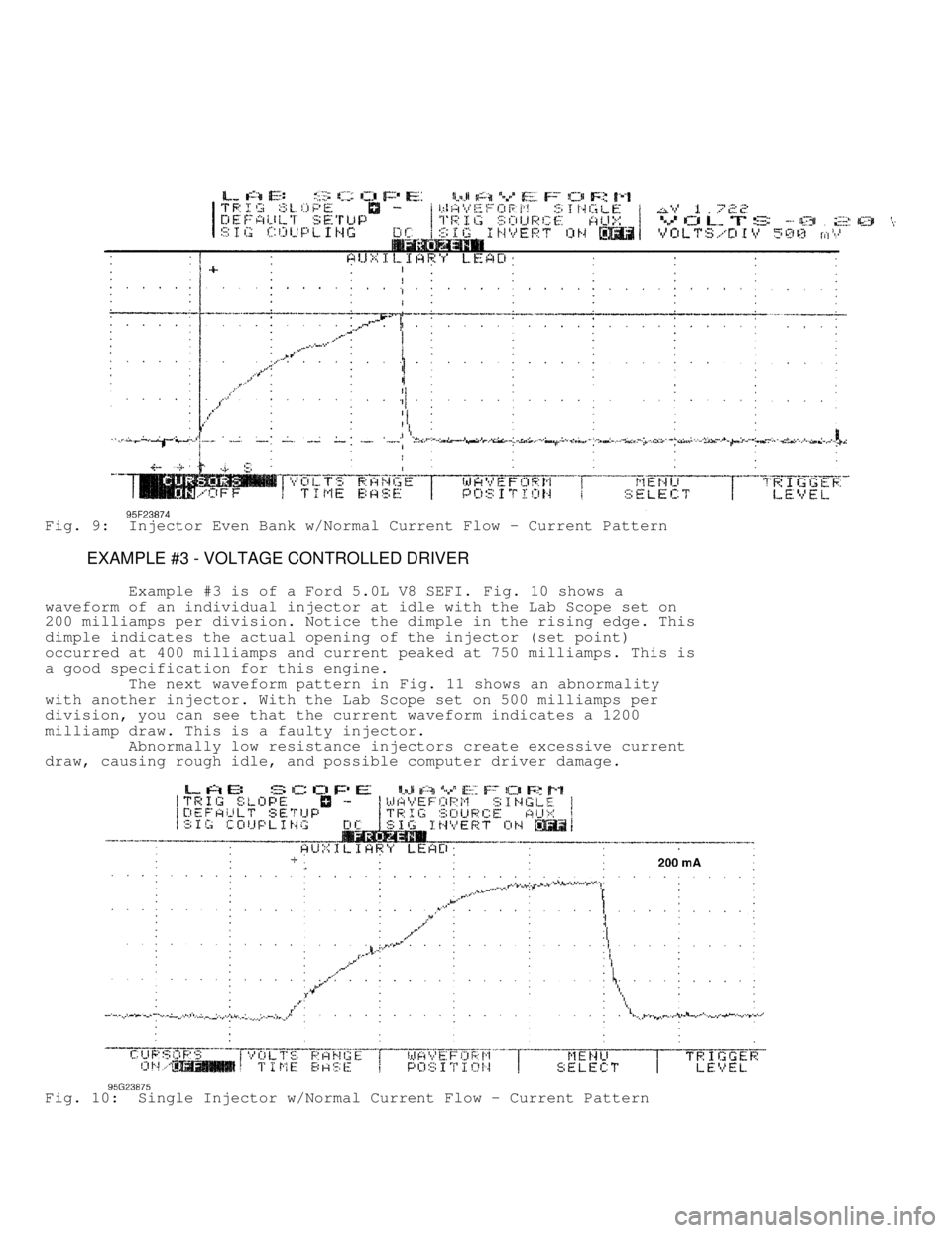 DODGE RAM 1999 Service Repair Manual Fig. 9: Injector Even Bank w/Normal Current Flow - Current Pattern
EXAMPLE #3 - VOLTAGE CONTROLLED DRIVER
Example #3 is of a Ford 5.0L V8 SEFI. Fig. 10 shows a
waveform of an indiv DODGE RAM 1999 Service Repair Manual Fig. 9: Injector Even Bank w/Normal Current Flow - Current Pattern
EXAMPLE #3 - VOLTAGE CONTROLLED DRIVER
Example #3 is of a Ford 5.0L V8 SEFI. Fig. 10 shows a
waveform of an indiv
