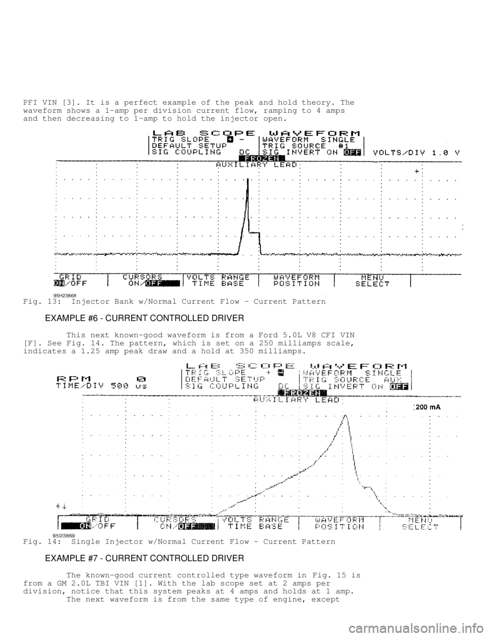 DODGE RAM 1999  Service Repair Manual PFI VIN [3]. It is a perfect example of the peak and hold theory. The
waveform shows a 1-amp per division current flow, ramping to 4 amps
and then decreasing to 1-amp to hold the injector open.
Fig. 1
