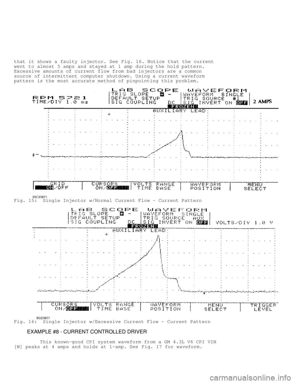 DODGE RAM 1999 Service Repair Manual that it shows a faulty injector. See Fig. 16. Notice that the current
went to almost 5 amps and stayed at 1 amp during the hold pattern.
Excessive amounts of current flow from bad injectors are a comm DODGE RAM 1999 Service Repair Manual that it shows a faulty injector. See Fig. 16. Notice that the current
went to almost 5 amps and stayed at 1 amp during the hold pattern.
Excessive amounts of current flow from bad injectors are a comm